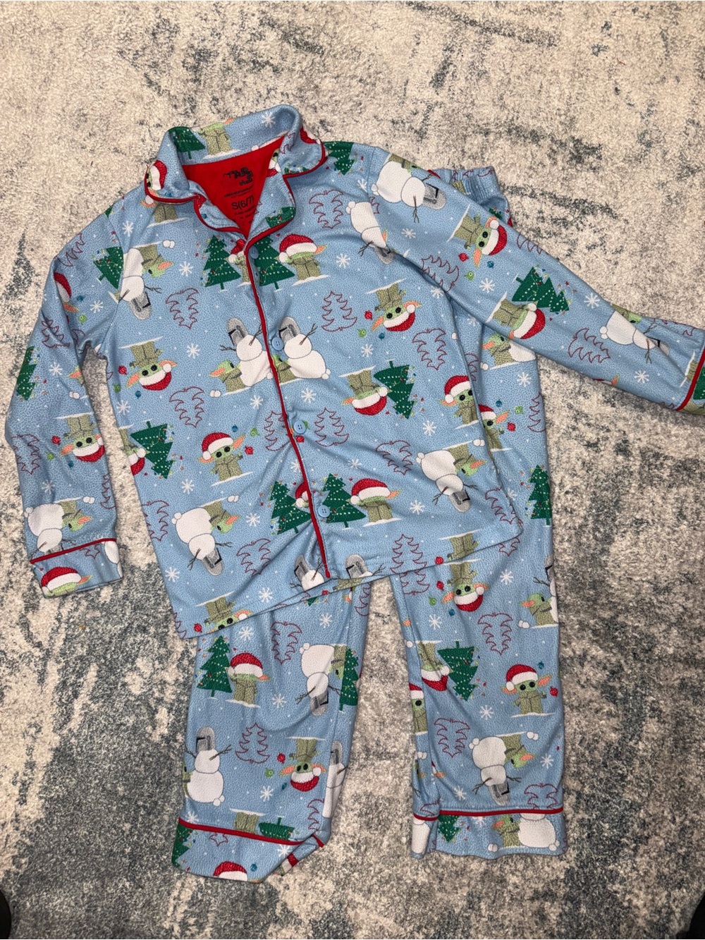 Star Wars Grogu Baby Yoda Light Blue Holiday Character Pajama Set with Red Trim